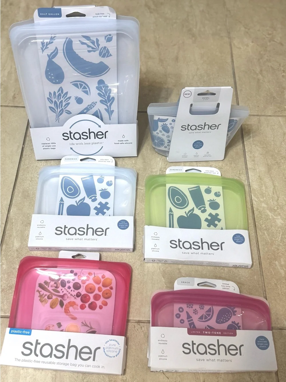 Stasher™ Silicone Reusable  1/2 gallon, 2 Cup Bowl, 3 Sandwich and 1 snack